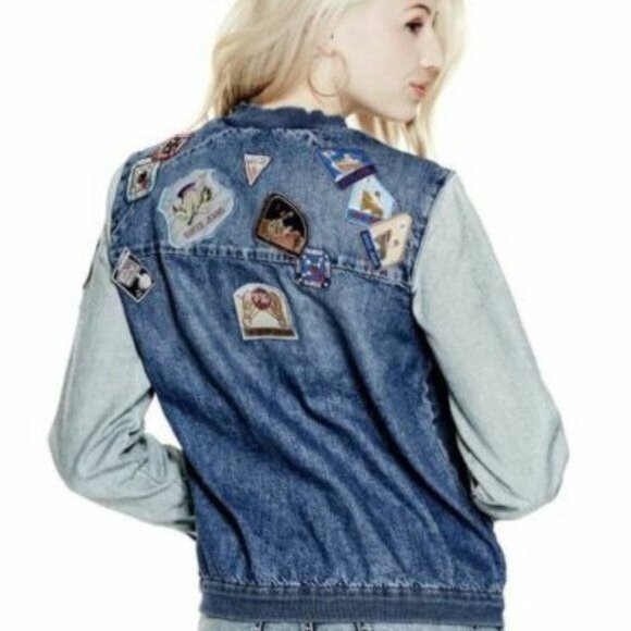 GUESS Originals Size M Asymmetric Denim Patchwork Bomber Jacket Jean - Picture 3 of 13